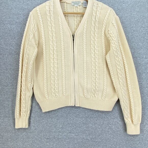 Lord & Taylor Sweater Womens Medium Beige Cable Rib Knit Full Zip V Neck Classi - Picture 1 of 9